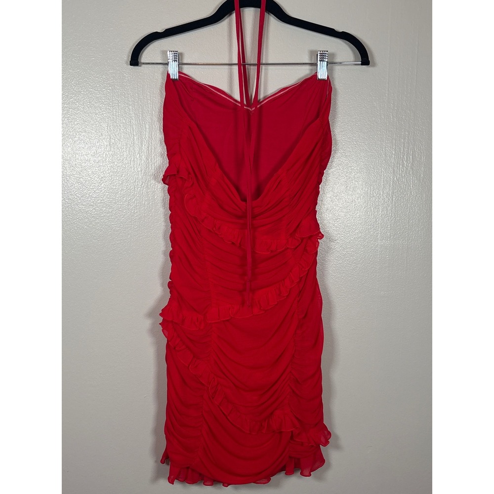 Majorelle Red Ruched Ruffle Mesh Halter Mini Dress Sweetheart Neckline Womens M - Picture 2 of 6